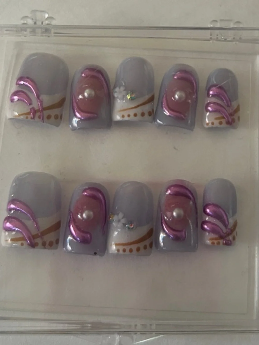 Purple Gradient Press-On Nails with Pink Metallic Swirls